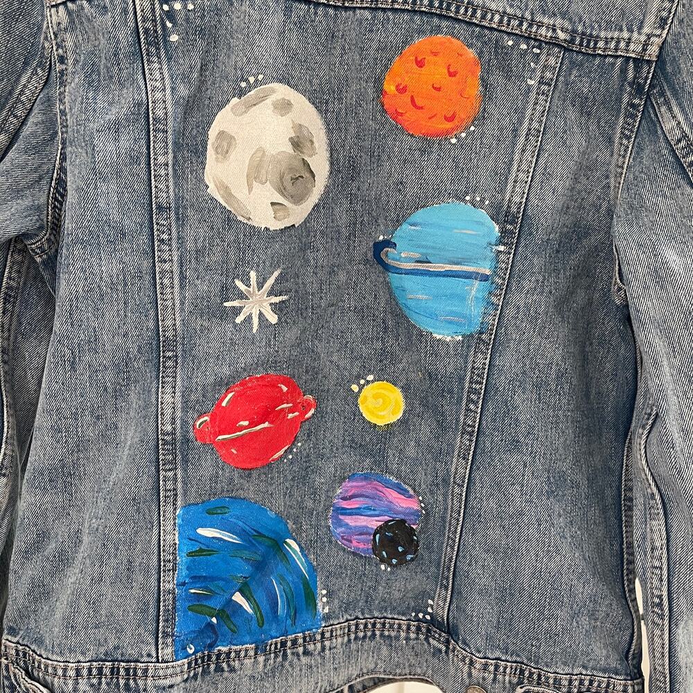 Distressed Handpainted Oversized Denim Jacket Solar System - Picture 4 of 6
